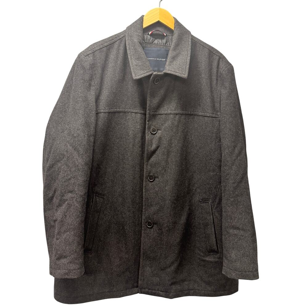 Tommy Hilfiger Coat Mens XXL Dark Gray Wool Blend Button Up Quilted Lining‎